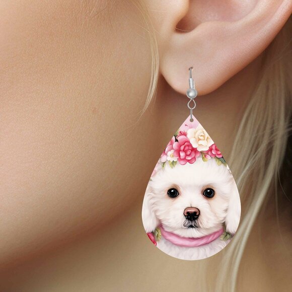 Bichon Frise Dog Floral Teardrop Earrings - Picture 2 of 2